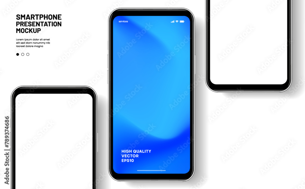 Poster Realistic smartphone mockup. Mobile phone vector with isolated on white background. Device front view. 3D mobile phone with shadow. Realistic, high quality smart phone mockup for ui ux presentation.