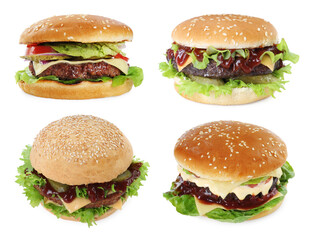 Burgers with delicious patties isolated on white, set