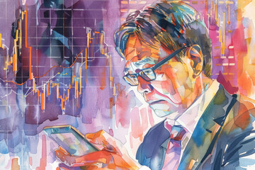 A pensive businessman reviews market graphs on his mobile device against a colorful, artistic backdrop