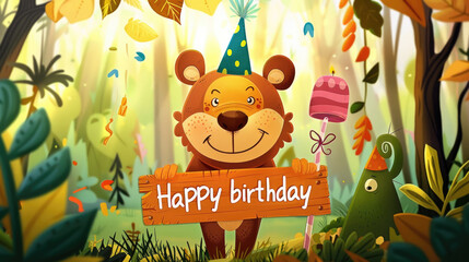 A colorful cartoon bear standing upright and smiling while holding a sign that reads Happy Birthday in its paws
