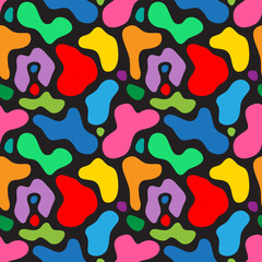 Multi-colored spots on a black background. Abstract seamless pattern, print, vector illustration