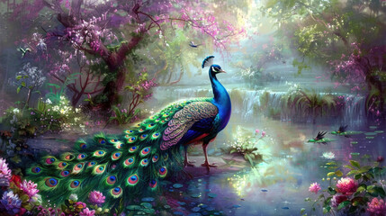 A realistic painting of a vibrant peacock standing gracefully in the water, showcasing its colorful plumage and majestic presence