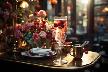 Kir Royale in a Parisian bistro with live piano music and a selection of cheese and wines., generative IA