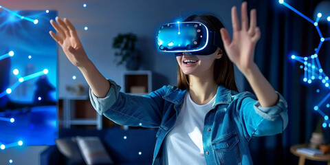 A young woman wearing VR glasses, touching the air with her fingers and surrounded by glowing data points in virtual reality space in living room. - obrazy, fototapety, plakaty