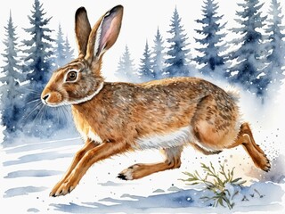 Watercolor painting of running hare on winter forest background. - obrazy, fototapety, plakaty
