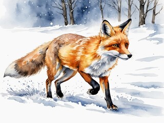 Watercolor painting of running red fox on winter forest background. - obrazy, fototapety, plakaty