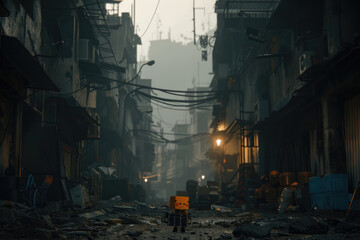 A small robot explores an abandoned city alley lit by sparse street lamps under evening skies