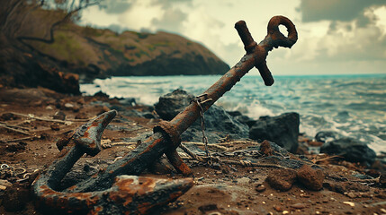anchor on the beach - obrazy, fototapety, plakaty