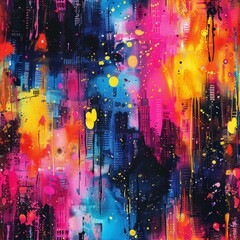 Urban Splash Watercolor interpretations of urban chaos, with splashes of neon-like colors against a darker background