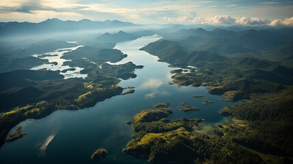 Aerial view of tropical watershed with mountains in the background and a gentle tide.