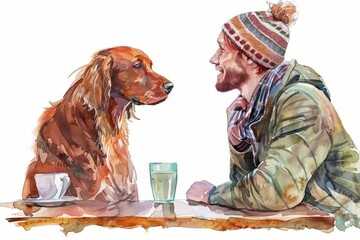 Man with Irish setter in dog friendly cafe or restaurant. Emotional support concept. Watercolor illustration. - obrazy, fototapety, plakaty