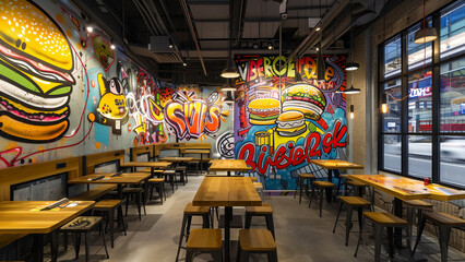 Urban Appetite: Graffiti-Style Mural of Burgers and Fast Foods