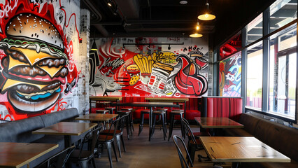 Urban Appetite: Graffiti-Style Mural of Burgers and Fast Foods