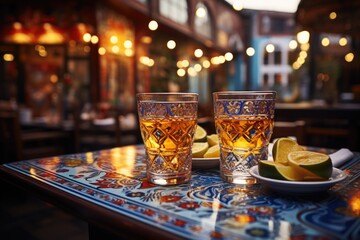 Tequila shot in an authentic Mexican bar with colored tile walls., generative IA