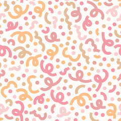 Subtle pink color palette party seamless pattern. Vector repeatable background. Simple party confetti texture, childish scribble shape backdrop.