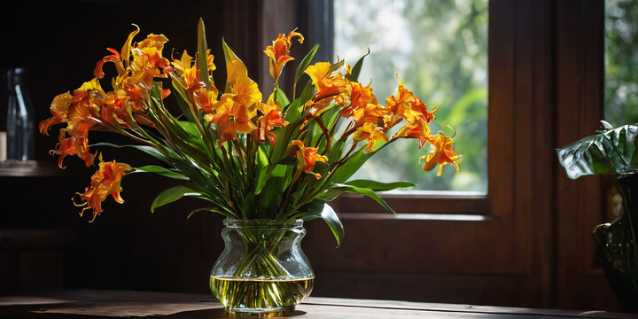 Vibrant orange canna lilies in a vase with blue curtain. A vibrant bouquet of orange canna lilies sits in a ceramic vase. The canna lilies have large orange petals and green leaves.