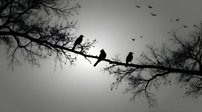 Beautiful tree branch with birds silhouette background
 .Generative AI
