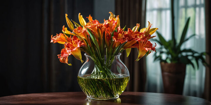 Vibrant orange canna lilies in a vase with blue curtain. A vibrant bouquet of orange canna lilies sits in a ceramic vase. The canna lilies have large orange petals and green leaves.