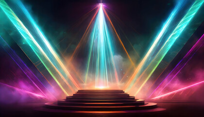 Rays of purple ring dust particles fly mockup space in the dark, neon shapes on digital art concept.