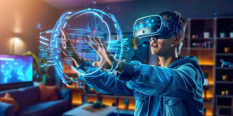 A young man wearing VR glasses, touching the air with her fingers and surrounded by glowing data points in virtual reality space in living room.