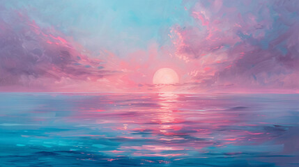 Soft whispers of blush pink and cerulean blue blending together, painting the horizon with the tender embrace of dawn's first light. 