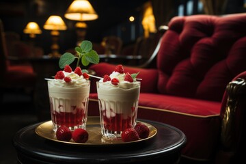 White Russian in a retro movie bar with red velvet armchairs and classic movies., generative IA