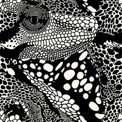 Vector seamless pattern with reptiles. Psychedelic stylish texture. Ripple repeating background. Monochrome animal portrait print. Can be used as swatch in Illustrator.