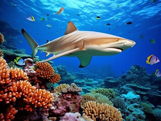 Coral reef with fish and shark in the Red Sea. Egypt - obrazy, fototapety, plakaty