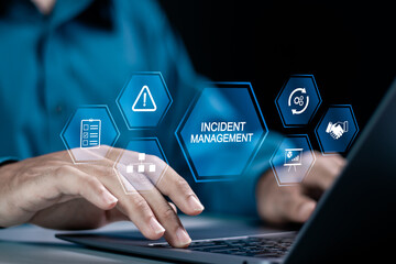 Incident management process business technology concept. Businessman using laptop with incident...