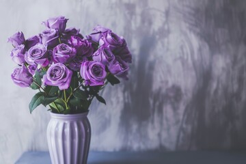 A bouquet of purple roses in a vase on a solid background