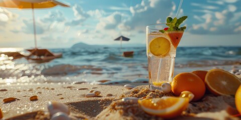 hoto on the theme summer, theme summer, style photorealistic, additional information summer stuff, serf, sweamsuit, fruit, cocktails, umbrella, beach, seaside, water, photo realistic, cinematic