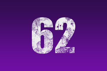 flat white grunge number of 62 on purple background.	