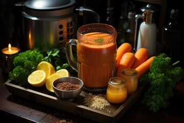 Carrot juice in a kitchen with sharp knives and shining utensils ready to cook., generative IA