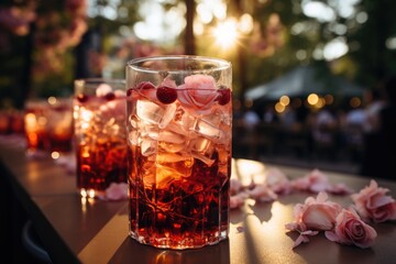 Raspberry juice at an outdoor wedding party with Chinese lanterns and a starry sky., generative IA