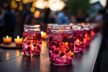 Raspberry juice at an outdoor wedding party with Chinese lanterns., generative IA