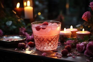 Raspberry juice at a wedding party with romantic decoration., generative IA