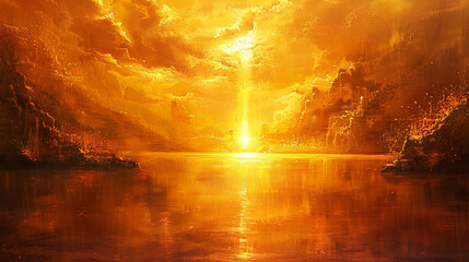 Sun-kissed tangerine hues melting into pools of molten gold, casting a warm embrace upon the soul. 