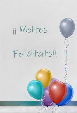 Tarjeta vertical para cumplea&ntilde;os con globos y el texto "&iexcl;&iexcl;Muchas felicidades!!" en catal&aacute;n
