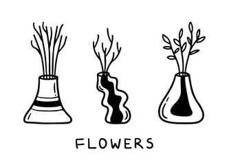 Flower in vase doodle illustration with floral bouquets. Hand drawn cute line art plants in interior. Thin linear drawing for coloring