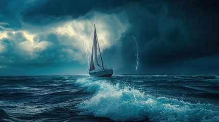 Sea ​​waves, lightning, thunderstorms, sailboat. Generative AI