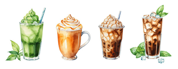 Set of watercolor illustrations of cold and hot coffee on a transparent background. Caramel cappuccino, mint latte, matcha latte and pumpkin latte. Beverage clipart for cards, poster, textile, menu.
