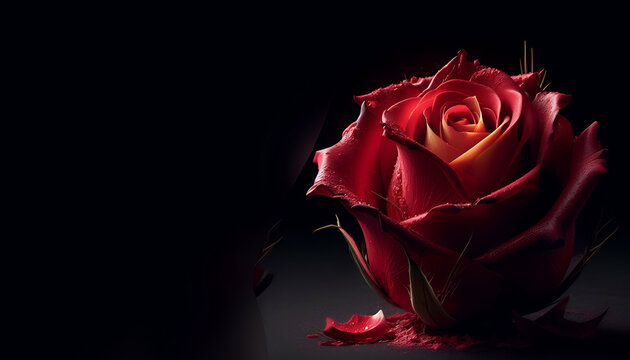 3d rendered photo of beautiful red rose with isolated black backgrounsd, generative ai