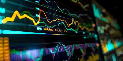 Closeup of digital graphs and charts on computer screen, displaying stock market trends and movements. , close up shot, low angle shot, dark background, bokeh effect.