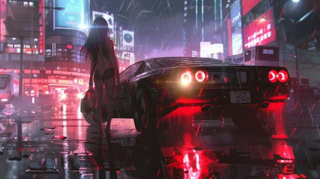 a woman who will ride a racing car in the middle of the city at night with the beauty of the city at night. Seamless Cartoon style loop 4k animation