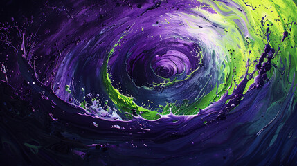 Swirls of electric violet and neon green pulsating with vibrant energy, capturing the essence of a bustling metropolis alive with creativity and innovation. 