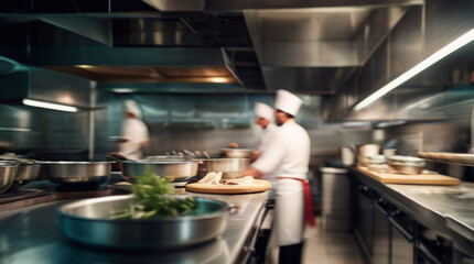 Defocused restaurant kitchen background with long kitchen counter full of dishes. Active professional chef, concept of culinary chaos and teamwork. - obrazy, fototapety, plakaty