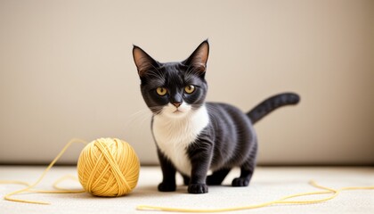 Cute black cat and yellow yarn on white backgroud.