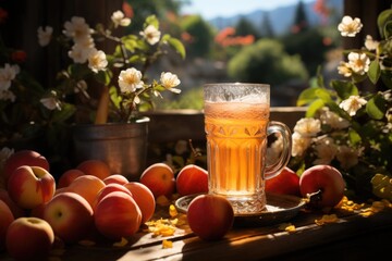 Natural apple juice in a vegetable garden with fruit trees., generative IA