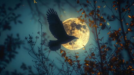 Obraz premium A black crow flies over a full moon in a forest. The moon is bright and full, illuminating the dark woods. Concept of mystery and wonder, as the crow soars through the night sky