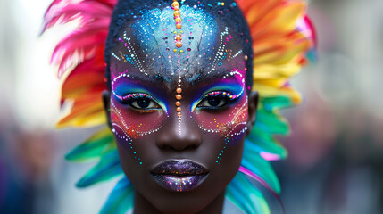 Black woman wearing colourful detailed carnival makeup and feather hairpiece at summer pride...